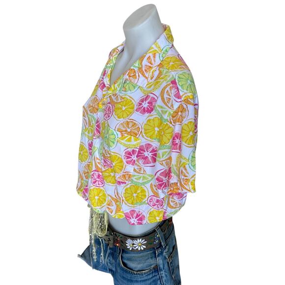 Lemon Citrus Print Button Down Crop Top One Size Boxy Shirt Retro 80s Unique - Picture 2 of 6